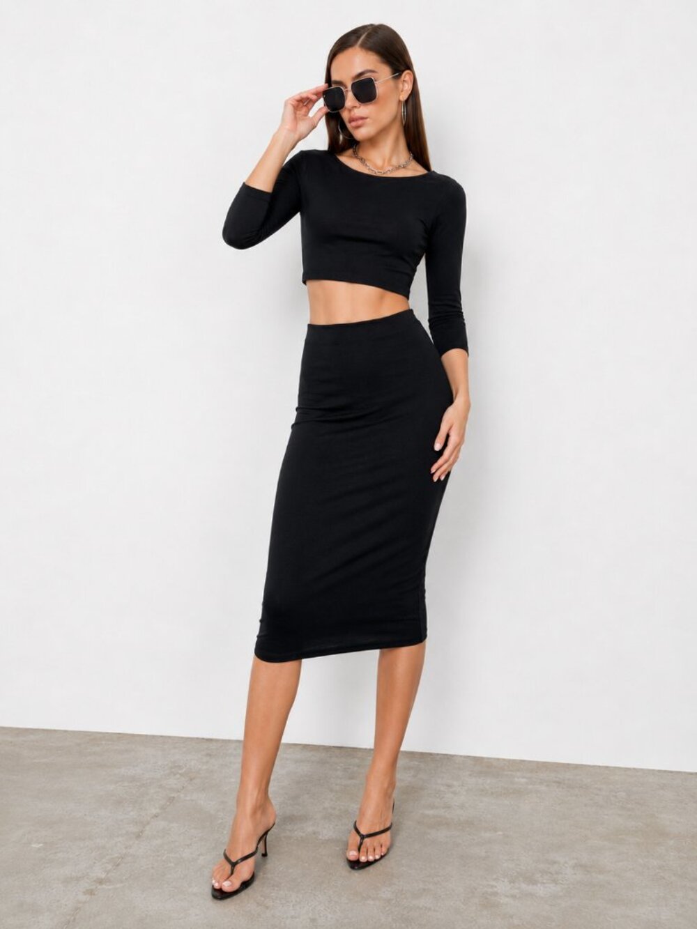 Black Two Piece Midi Skirt Set Crop Top NWT